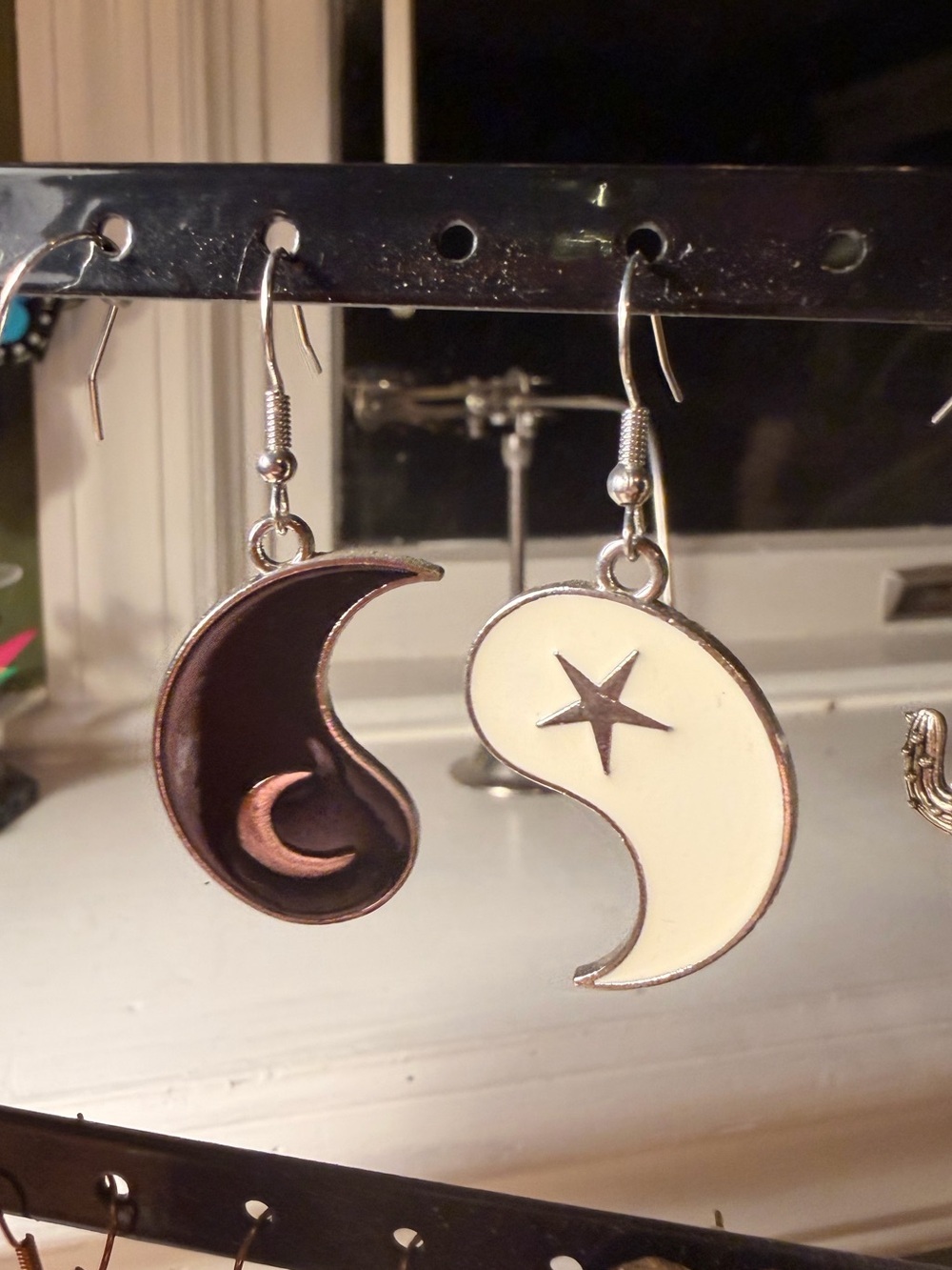Yin Yang Moon & Star Dangle Earrings - Black and Cream